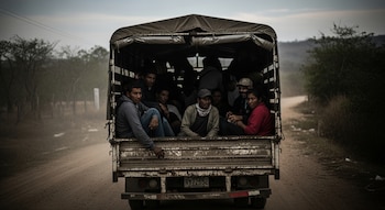 Vista trasera de un camión cubierto con una lona en un camino de tierra, transportando a numerosas personas sentadas en la parte trasera abierta.