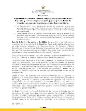 La Superservicios intensificará las visitas de inspección y las acciones de control a las generadoras de energía para verificar el cumplimiento de las obligaciones por el cargo por confiabilidad que los usuarios pagan en sus facturas - (Superservicios)
