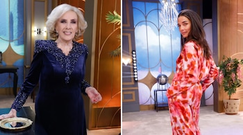 Imagen partida muestra a Mirtha Legrand sonriendo en vestido azul a la izquierda y a Juana Viale en traje estampado rosa y naranja a la derecha.