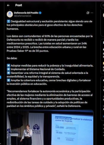 Más de 1,2 millones de tutelas relacionadas con fallas en la salud fueron interpuestas en 2025, evidenciando la crisis estructural del sistema - crédito @DefensoriaCol/X