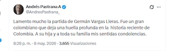 El expresidente Andrés Pastrana lamentó la muerte de Germán Vargas Lleras - crédito @AndresPastrana_/X