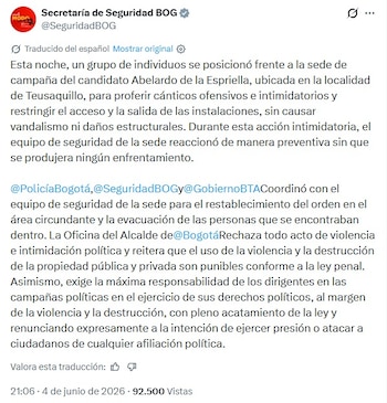 La entidad activó un protocolo tras denuncias y videos difundidos en redes sociales, y reportó que no se registraron heridos ni afectaciones en el inmueble durante los hechos de la noche del 4 de junio - crédito captura de pantalla @SeguridadBOG / X