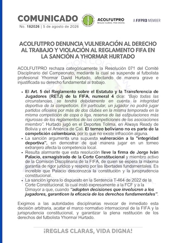 La suspensión provisional contra Yhormar Hurtado fue cuestionada por el gremio por presunto desconocimiento del reglamento de la FIFA y de la Corte Constitucional.-crédito Acolfutpro