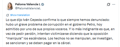 Paloma Valencia afirmó que los hechos no han sido manipulados para ser informados - crédito @PalomaValenciaL/X