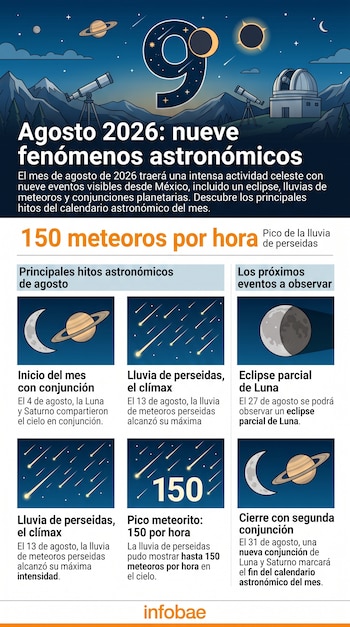Infografía con un número nueve, un observatorio, telescopios, texto informativo y seis recuadros con ilustraciones del cielo nocturno.