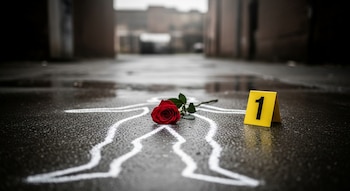 Contorno blanco de un cuerpo humano en el pavimento mojado de un callejón, con una rosa roja y un marcador de evidencia amarillo número 1.