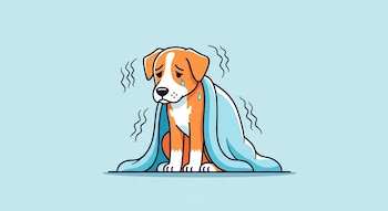 Ilustración: perro naranja y blanco sentado, con manta azul, lágrimas y líneas onduladas de temblor sobre fondo celeste.
