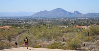Una persona con mochila de espaldas frente a una vista de desierto con cactus, casas y montañas bajo un cielo despejado