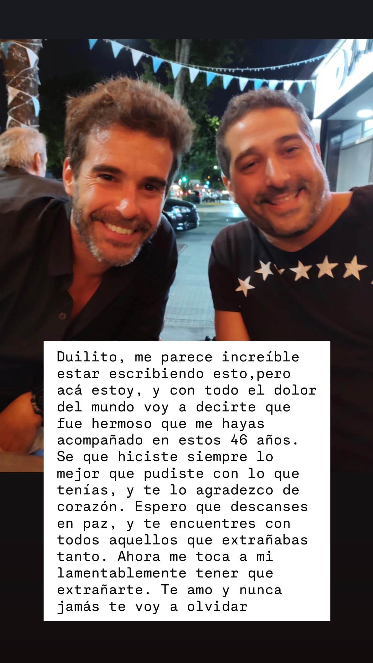El mensaje de Nicolás Cabré a su hermano Duilio expresó el dolor por una pérdida que describió tras 46 años compartidos