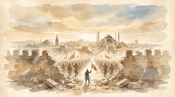 Acuarela de la caída de Constantinopla. Murallas derruidas en primer plano. Jenízaros otomanos marchan hacia la ciudad con Santa Sofía visible al amanecer.