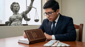 Un joven abogado con gafas y traje oscuro lee la Constitución Política del Perú en un escritorio, con billetes de Soles peruanos y una estatua de la justicia.