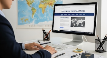 Vista lateral de una persona con traje sentada frente a un monitor que muestra un registro de empresas, con un pasaporte y documentos en el escritorio.