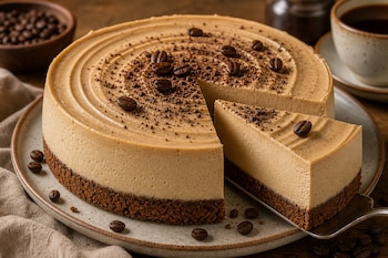 Tarta de café sobre base oscura en un plato con una porción sobre una espátula, decorada con granos de café y virutas de chocolate.