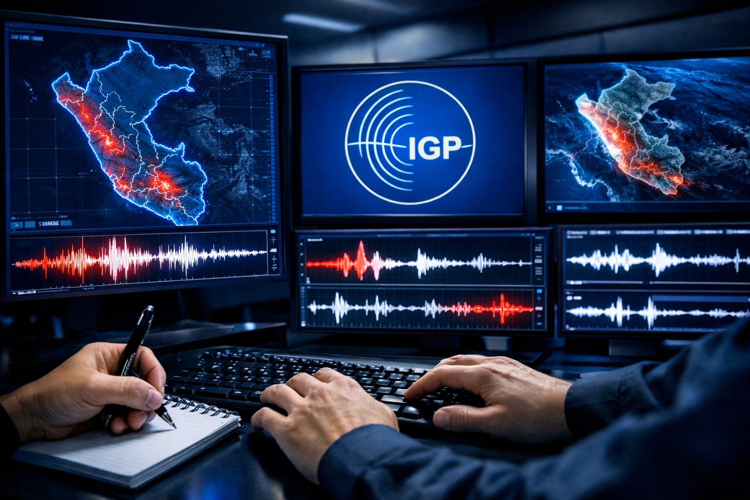 Un operador monitorea la actividad sísmica en Perú desde una sala de control con múltiples pantallas que muestran mapas del país, ondas sísmicas y el logo del IGP. (Imagen Ilustrativa Infobae)
