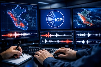 Manos de un operador escribiendo y utilizando un teclado frente a múltiples pantallas con mapas de Perú, gráficos de ondas sísmicas y el logo del Instituto Geofísico del Perú.