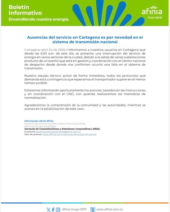El gerente territorial de Afinia confirmó que la falla se originó fuera de la infraestructura de la empresa y depende del sistema de transmisión nacional - crédito @AfiniaGrupoEPM/X