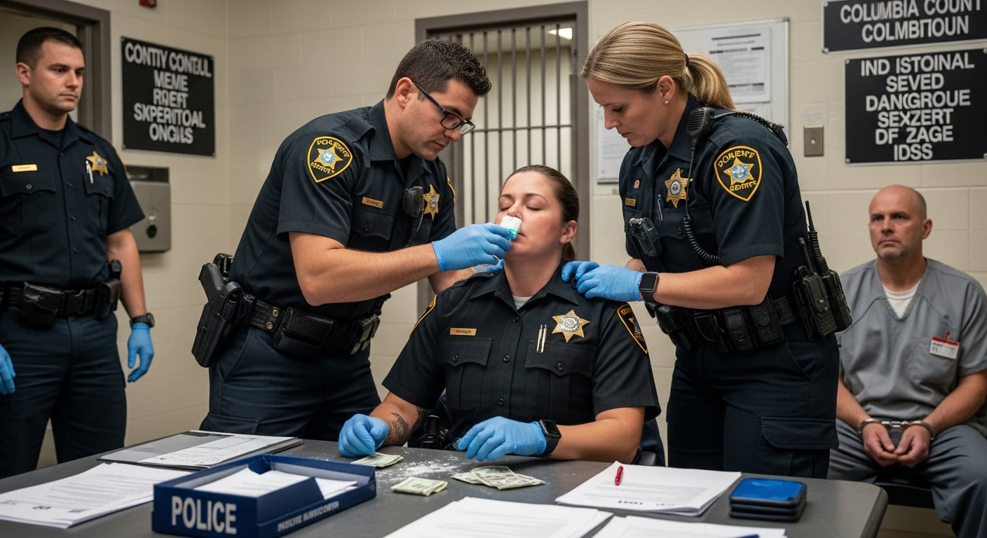 En la sala de ingreso de la cárcel del condado de Columbia, Wisconsin, una agente del alguacil recibe asistencia con Narcan de sus colegas tras inhalar accidentalmente polvo blanco mientras manipulaba dinero incautado, observada por un detenido esposado (Imagen Ilustrativa Infobae)