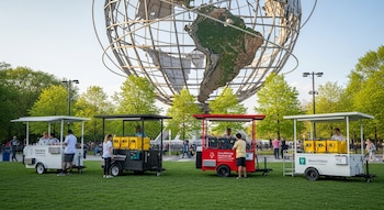 Cuatro carritos de comida con sistemas eléctricos y baterías recargables en un parque con césped, árboles, personas y la estructura de la Unisphere al fondo.