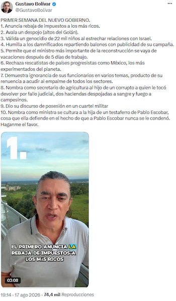 Gustavo Bolívar advierte sobre “desaciertos” en los primeros días de la presidencia de De la Espriella - crédito @GustavoBolivar/X