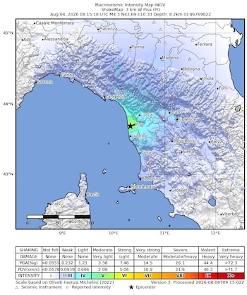 Mapa de intensidad del movimiento del suelo por el terremoto de Pisa. (INGV)