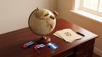 Escritorio de madera con un globo terráqueo, tres banderas de Colombia, dos banderas de Cuba, una bandera de Nicaragua, documentos con el escudo de Colombia y un bolígrafo.