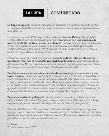 Amenazan de muerte y querellan a periodista del medio regional ‘La Lupa’. (Foto: La Lupa)