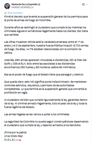 El presidente habló sobre la compra de armas ilegales - crédito @ABDELAESPRIELLA/X
