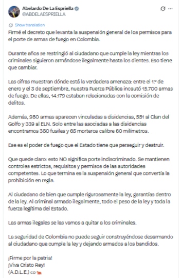 El presidente habló sobre la compra de armas ilegales - crédito @ABDELAESPRIELLA/X