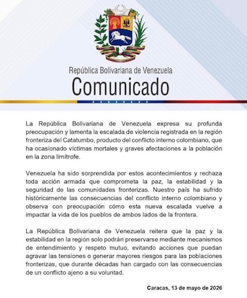 Un comunicado oficial de la República Bolivariana de Venezuela con el escudo nacional. El texto expresa preocupación por la violencia en la frontera del Catatumbo