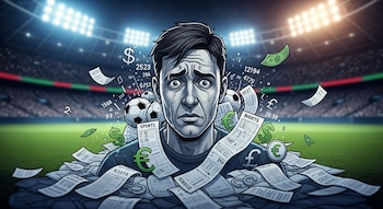 Ilustración de un hombre con rostro angustiado, rodeado de montones de boletos de apuestas, símbolos de dinero y balones de fútbol, con un estadio difuminado de fondo.