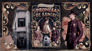 Portada del libro Promesa de sangre al centro, flanqueada por ornamentos dorados, la figura de un oficial y un edificio antiguo.