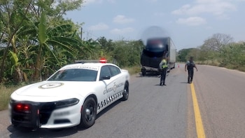 Patrulla blanca de la Guardia Nacional con luces rojas encendidas en una carretera rural, junto a dos agentes y un camión de carga detenido