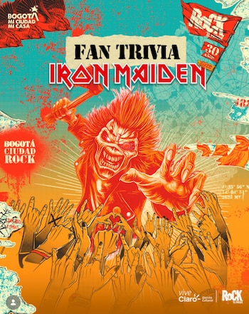 Tres carteles promocionales de Iron Maiden y Rock al Parque superpuestos sobre una multitud que levanta los brazos en un concierto