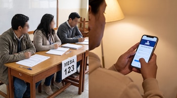 Tres personas sentadas en una mesa con el cartel Mesa 123 junto a una mano con un teléfono inteligente que muestra la web de la ONPE.