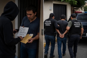 Secuencia con un hombre recibiendo una nota de amenaza con dinero y la posterior detención del sospechoso por agentes policiales.