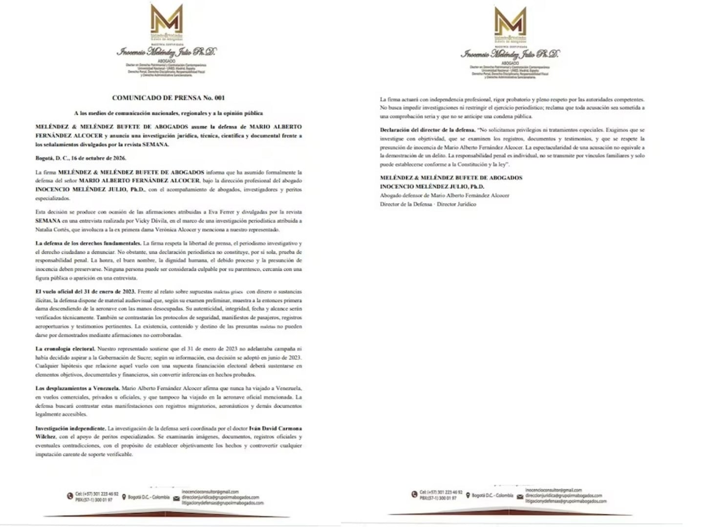 El bufete Meléndez & Meléndez formalizó la representación jurídica con un equipo pericial coordinado por Iván David Carmona Wilchez - crédito Meléndez & Meléndez/Semana