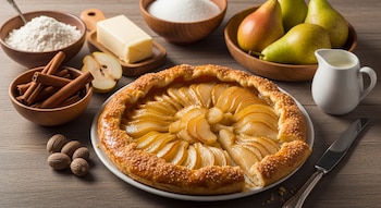 Deliciosa tarta tibia de peras recién horneada
