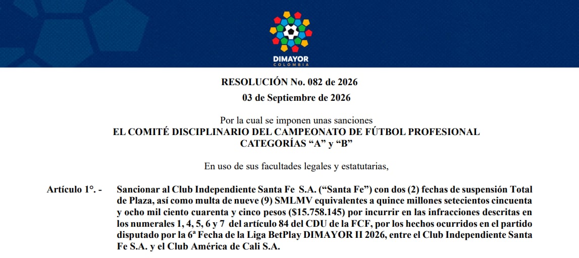 La sanción de la Dimayor a América de Cali e Independiente Santa Fe - crédito Dimayor