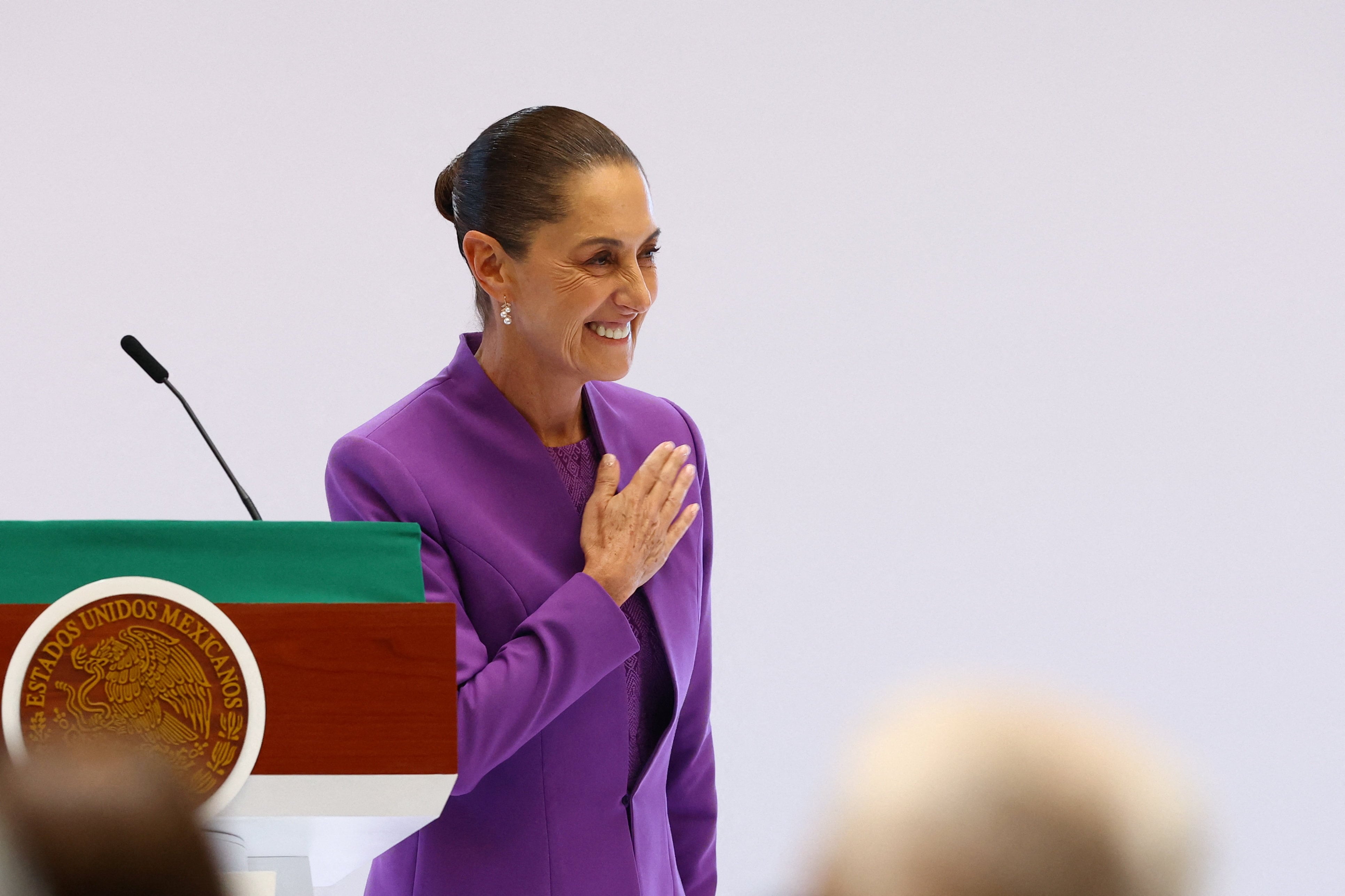 Mexico's President Claudia Sheinbaum gestures from the stage on the day she delivers a speech marking her second year in office, in Mexico City, Mexico, September 1, 2026. REUTERS/Daniel Becerril