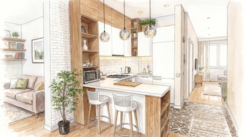 Ilustración en acuarela de una cocina moderna compacta con gabinetes blancos, encimera y barra con dos taburetes, estantes de madera y electrodomésticos.