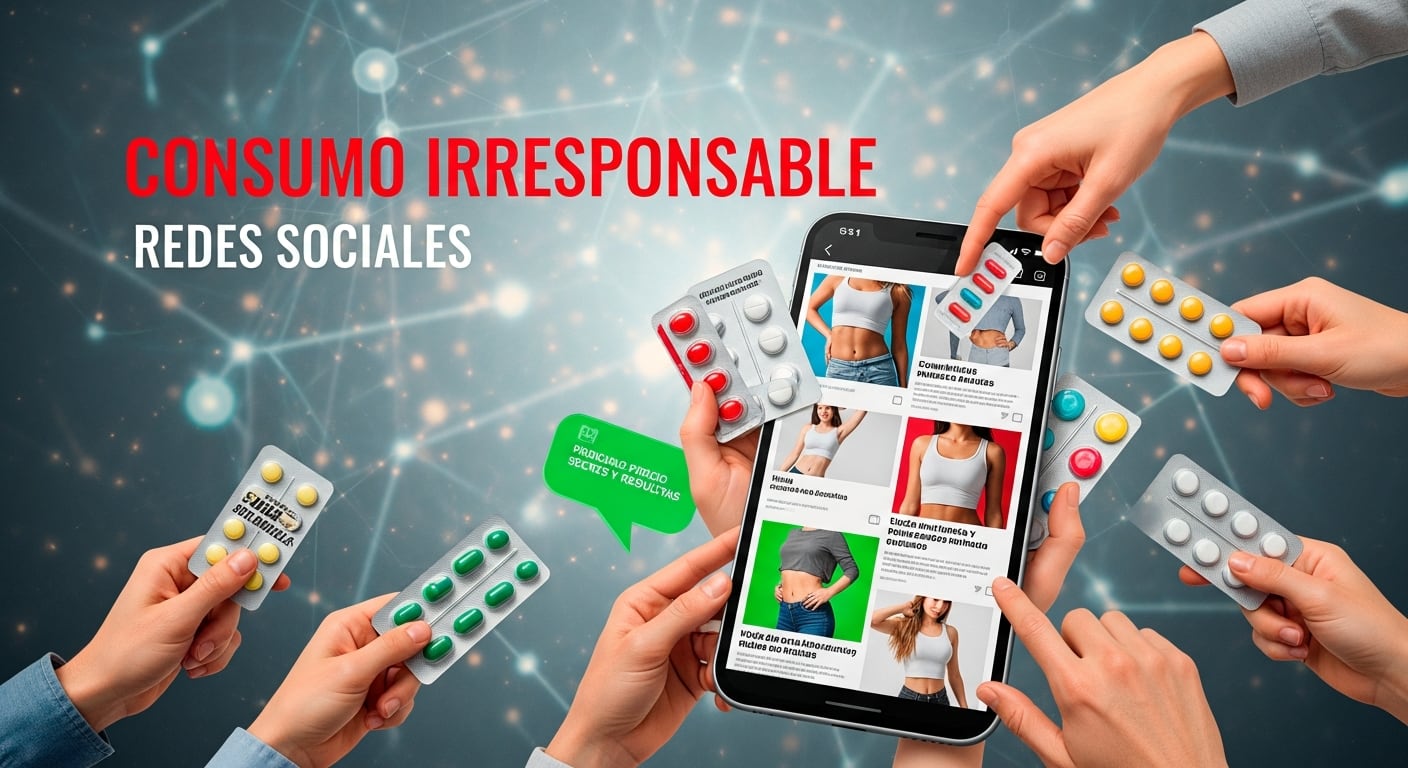 Una representación gráfica muestra cómo las redes sociales fomentan el consumo irresponsable de fármacos para adelgazar, con manos interactuando con píldoras y contenido digital. (Imagen Ilustrativa Infobae)