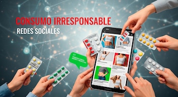 Múltiples manos sostienen blísteres de pastillas de colores alrededor de un smartphone que muestra publicaciones de redes sociales sobre pérdida de peso y abdomen plano.