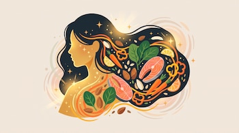 Silueta femenina de perfil con cabello oscuro. Su interior contiene salmón, espinacas, almendras, zanahorias, pimientos, cítricos y semillas variadas.