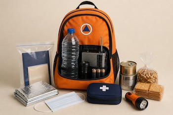 Una mochila naranja con un logo circular junto a una botella de agua, radio, linternas, pilas, botiquín, alimentos enlatados y mascarilla.