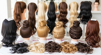 Cabezas de maniquí exhiben colas de caballo y moños postizos de diferentes colores y estilos. Extensiones de cabello ondulado están sobre la mesa.