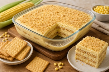 Refractario de vidrio con un postre de capas de galletas y crema amarilla, junto a una porción cortada, galletas y mazorcas de maíz.