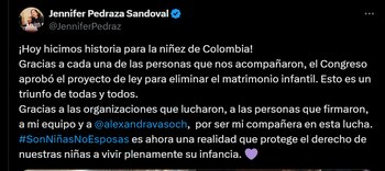 Jennifer Pedraza celebró la aprobación de la ley contra el matrimonio infantil - crédito @JenniferPedraz/X