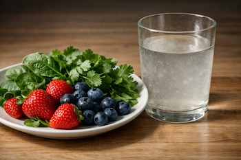 Plato blanco con fresas rojas, arándanos azules, espinacas y cilantro verdes. Vaso de agua con partículas junto al plato, sobre mesa de madera.