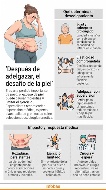 Infografía con ilustraciones sobre el descolgamiento de la piel tras perder peso y bloques de texto explicativos con el logotipo de Infobae.