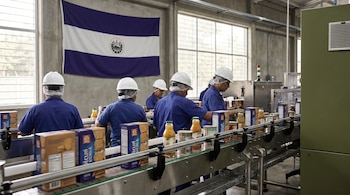 Vista de operarios en fila junto a una cinta transportadora con cajas de galletas y botellas. Al fondo, una bandera de El Salvador. Varios ventanales superiores.